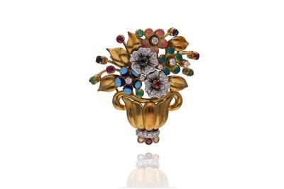 Spilla raffigurante composizione floreale con diamanti, rubini, smeraldi, zaffiri, smalti e pietre, in oro bicolore 750 - Asta Preziosi Spilla raffigurante composizione floreale con diamanti, rubini, smeraldi, zaffiri, smalti e pietre, in oro bicolore 750 - Asta Preziosi