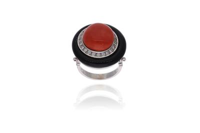 Anello con corallo, diamanti, pietra e perla - Asta Preziosi