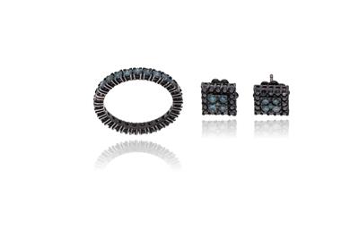 Parure anello e orecchini con diamanti neri e azzurri - Asta Preziosi