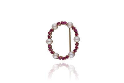 Spilla con perle coltivate e pietre, realizzata in oro giallo 750 - Asta Preziosi