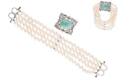 Bracciale con perle coltivate fermezza/spilla con diamanti e pietra - Asta Preziosi