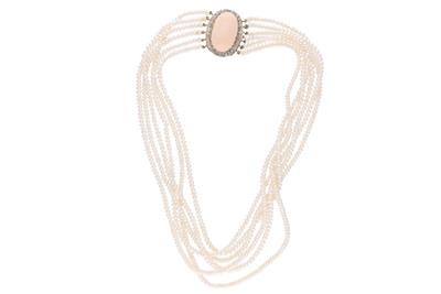 Collana di perle di acqua dolce con diamanti e corallo - Asta Preziosi