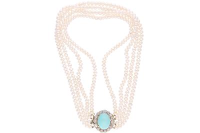 Collana di perle di acqua dolce diamanti e pietra - Asta Preziosi