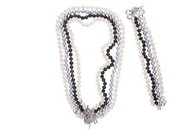 Parure collana e bracciale di perle coltivate, diamanti e pietre - Asta Preziosi Parure collana e bracciale di perle coltivate, diamanti e pietre - Asta Preziosi