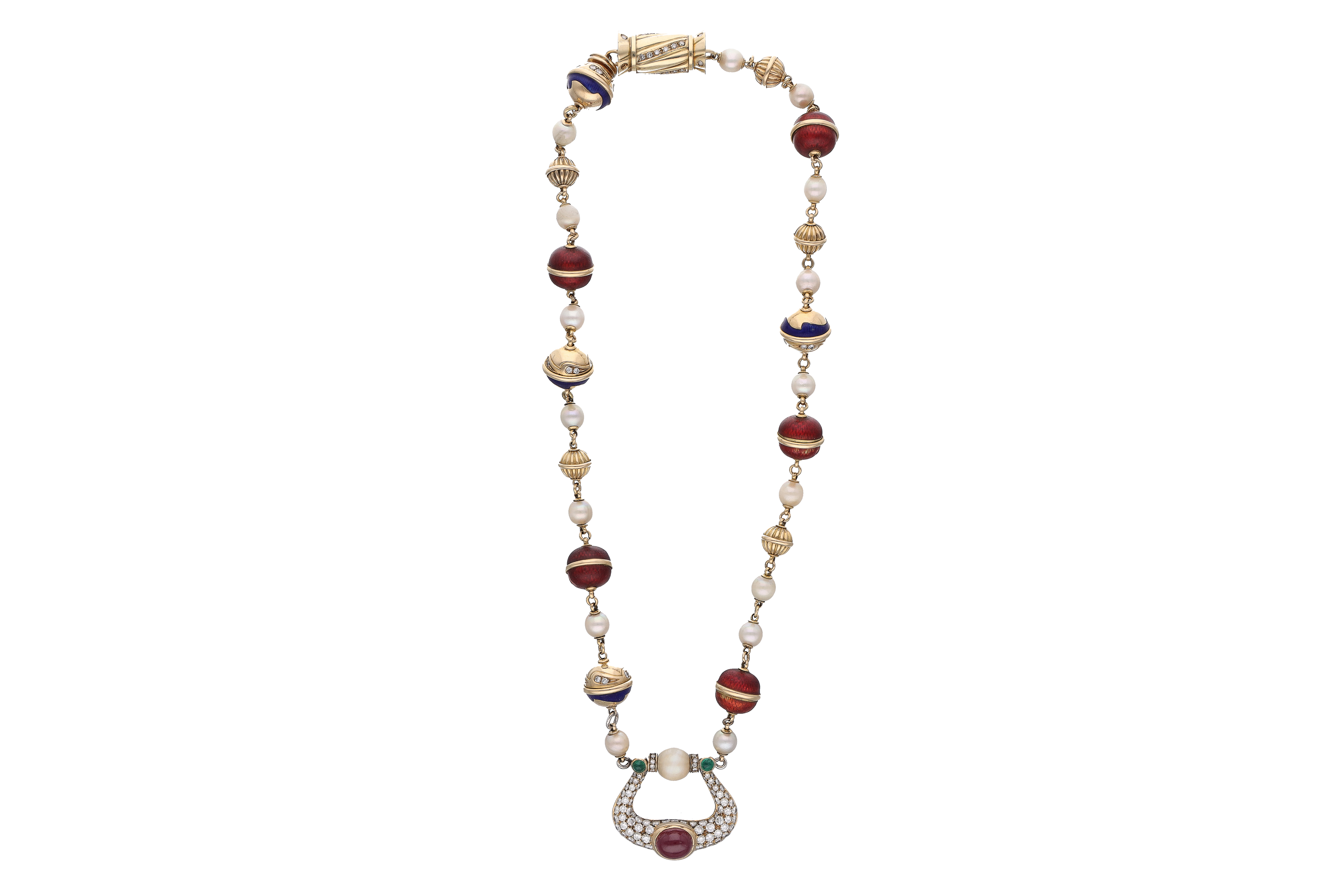 Collana con rubino, perle, diamanti, smeraldi e smalti - Asta Preziosi