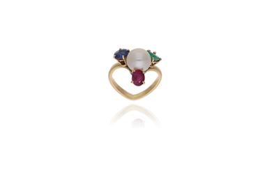 Anello con perla, rubino, smeraldo e zaffiro - Asta Preziosi