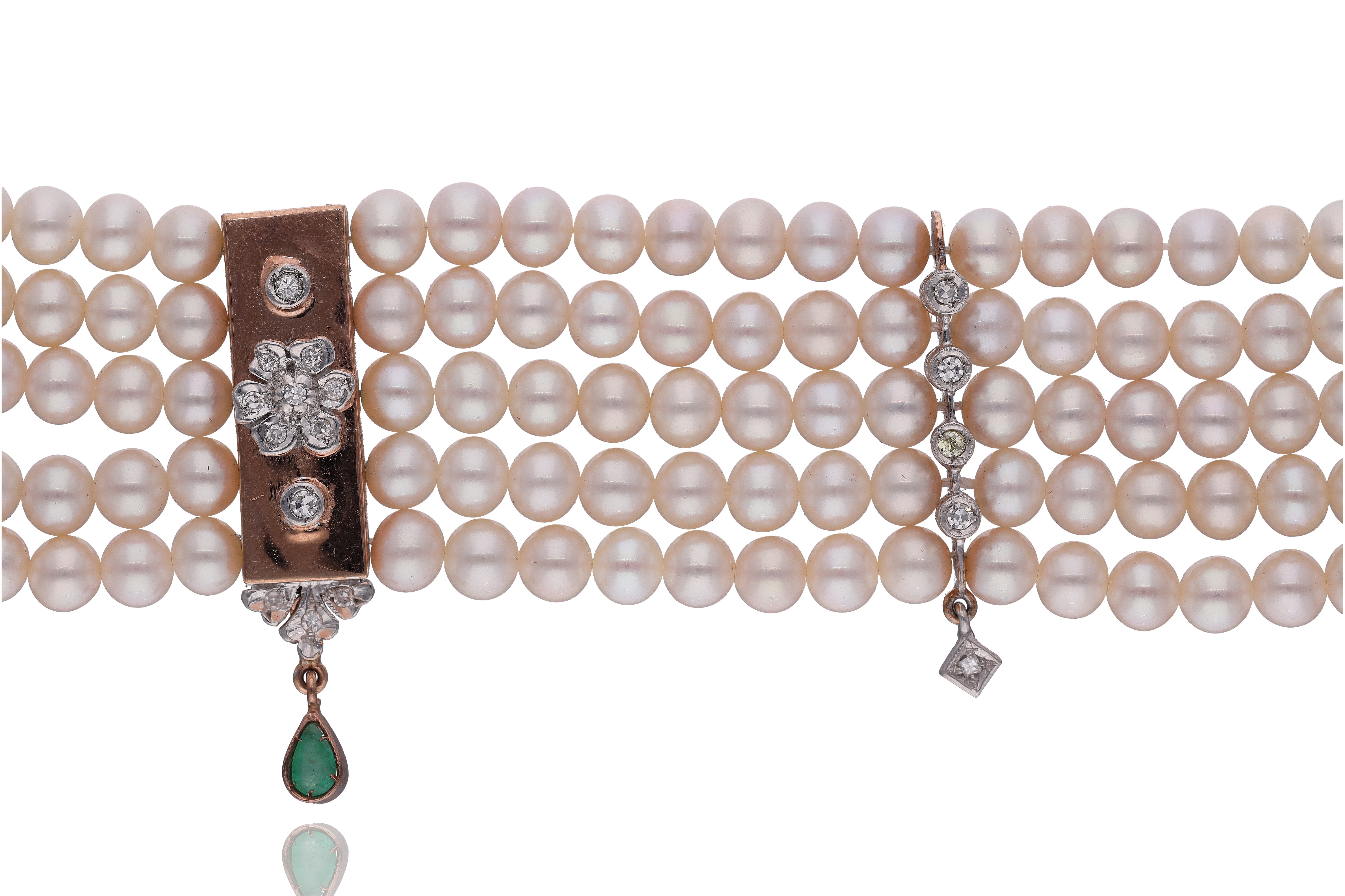 Bracciale con perle coltivate, diamanti, diamanti gialli e smeraldi - Asta Preziosi