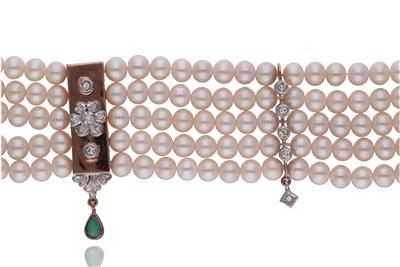 Bracciale con perle coltivate, diamanti, diamanti gialli e smeraldi - Asta Preziosi Bracciale con perle coltivate, diamanti, diamanti gialli e smeraldi - Asta Preziosi