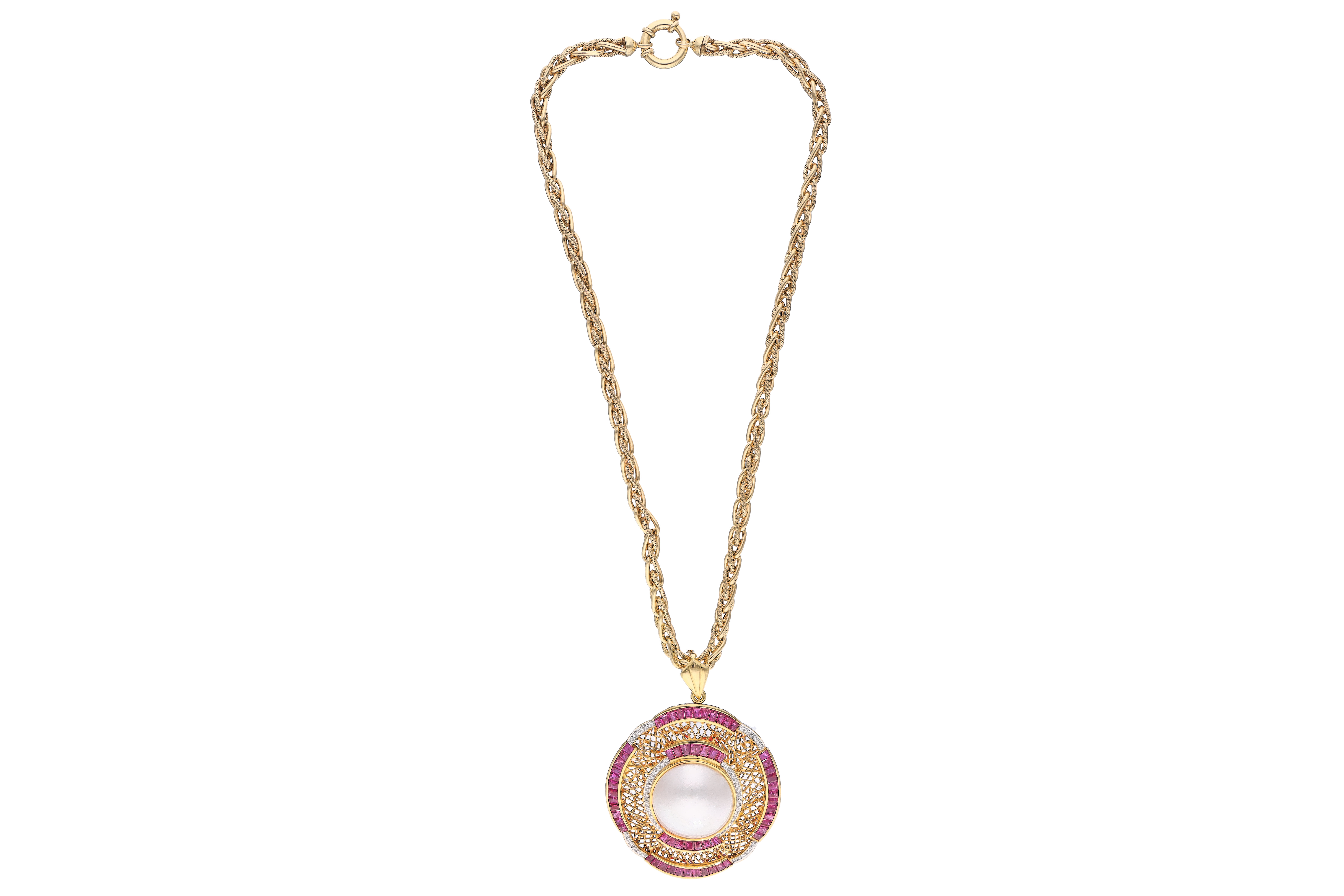Collana con ciondolo, perla mabe', rubini e diamanti - Asta Preziosi