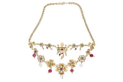 Collana con zaffiri, smeraldi, rubini, pietre e perle coltivate - Asta Preziosi Collana con zaffiri, smeraldi, rubini, pietre e perle coltivate - Asta Preziosi