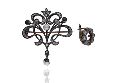 Spilla/centrale e orecchino con diamanti perle e pietre - Asta Preziosi Spilla/centrale e orecchino con diamanti perle e pietre - Asta Preziosi