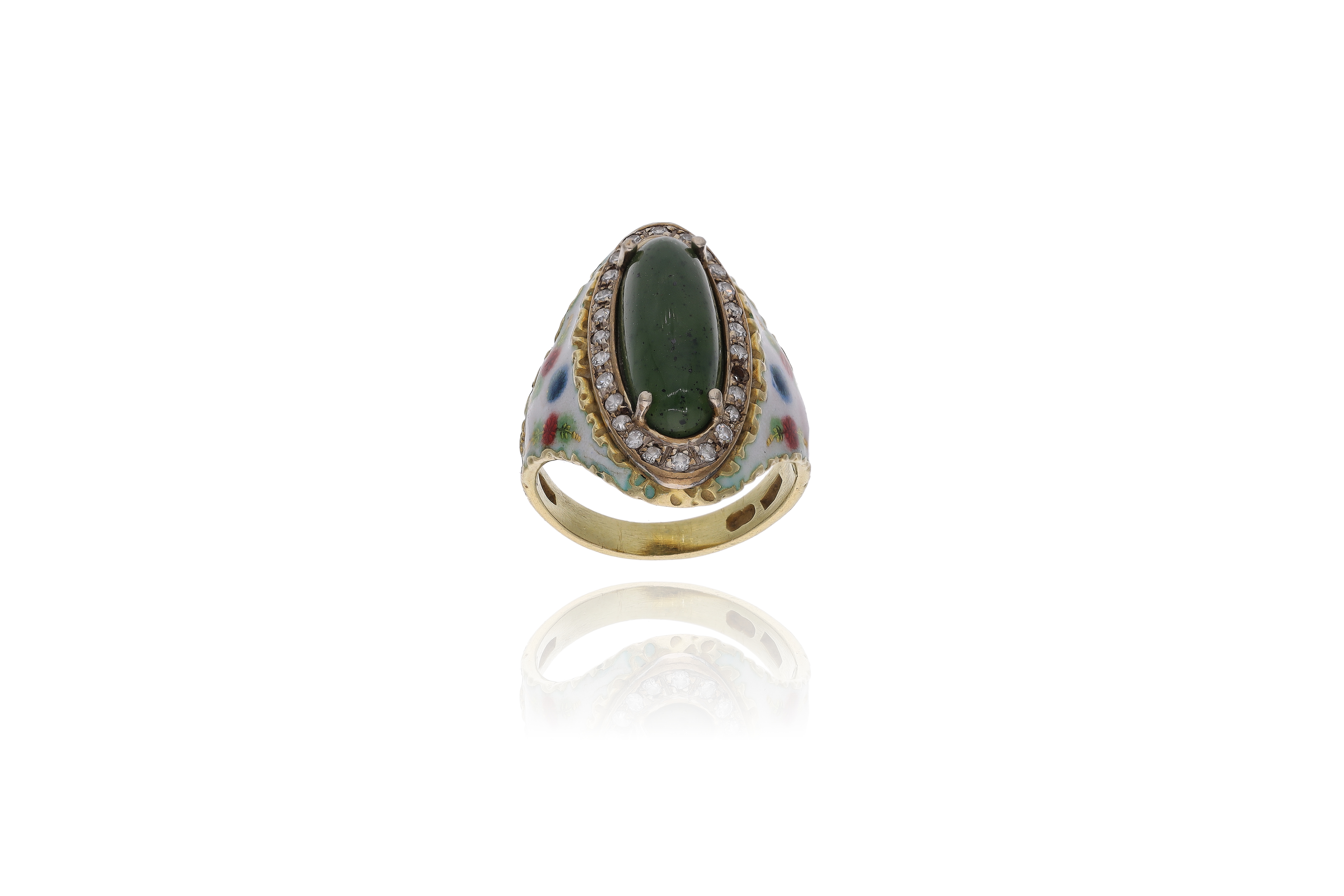 Anello con granato verde, diamanti e smalti - Asta Preziosi