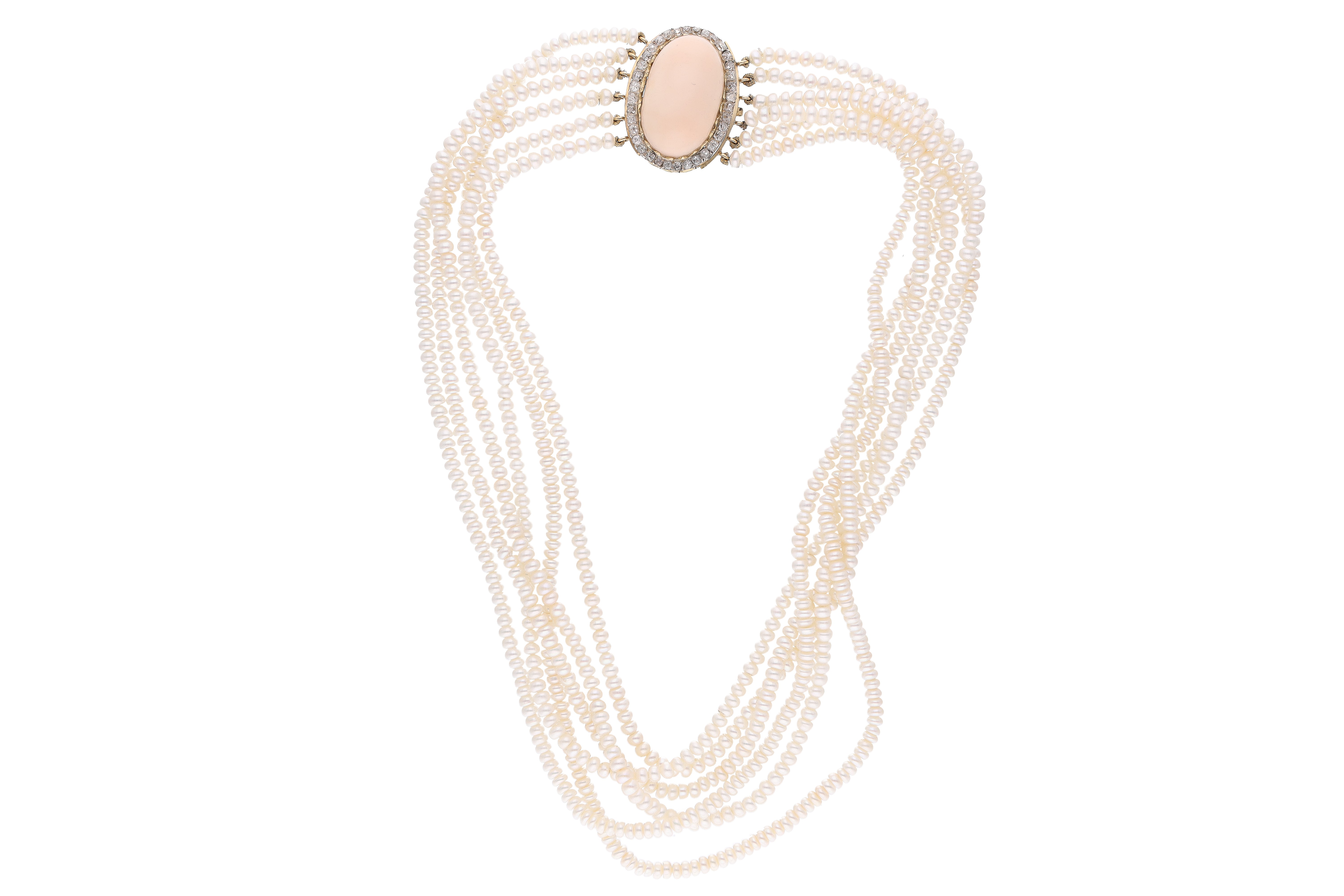Collana di perle di acqua dolce con diamanti e corallo - Asta Preziosi
