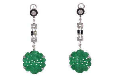 Paio di orecchini con pietre, diamanti e onice - Asta Preziosi