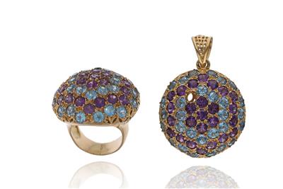 Parure ciondolo e anello con ametiste e pietre - Asta Preziosi
