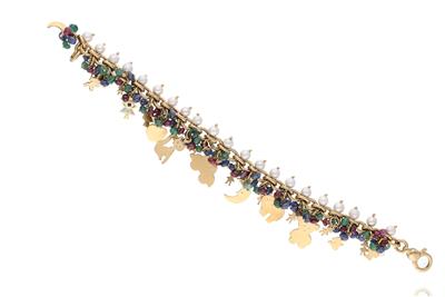 Bracciale con perle coltivate, rubini, smeraldi, zaffiri e pietre - Asta Preziosi