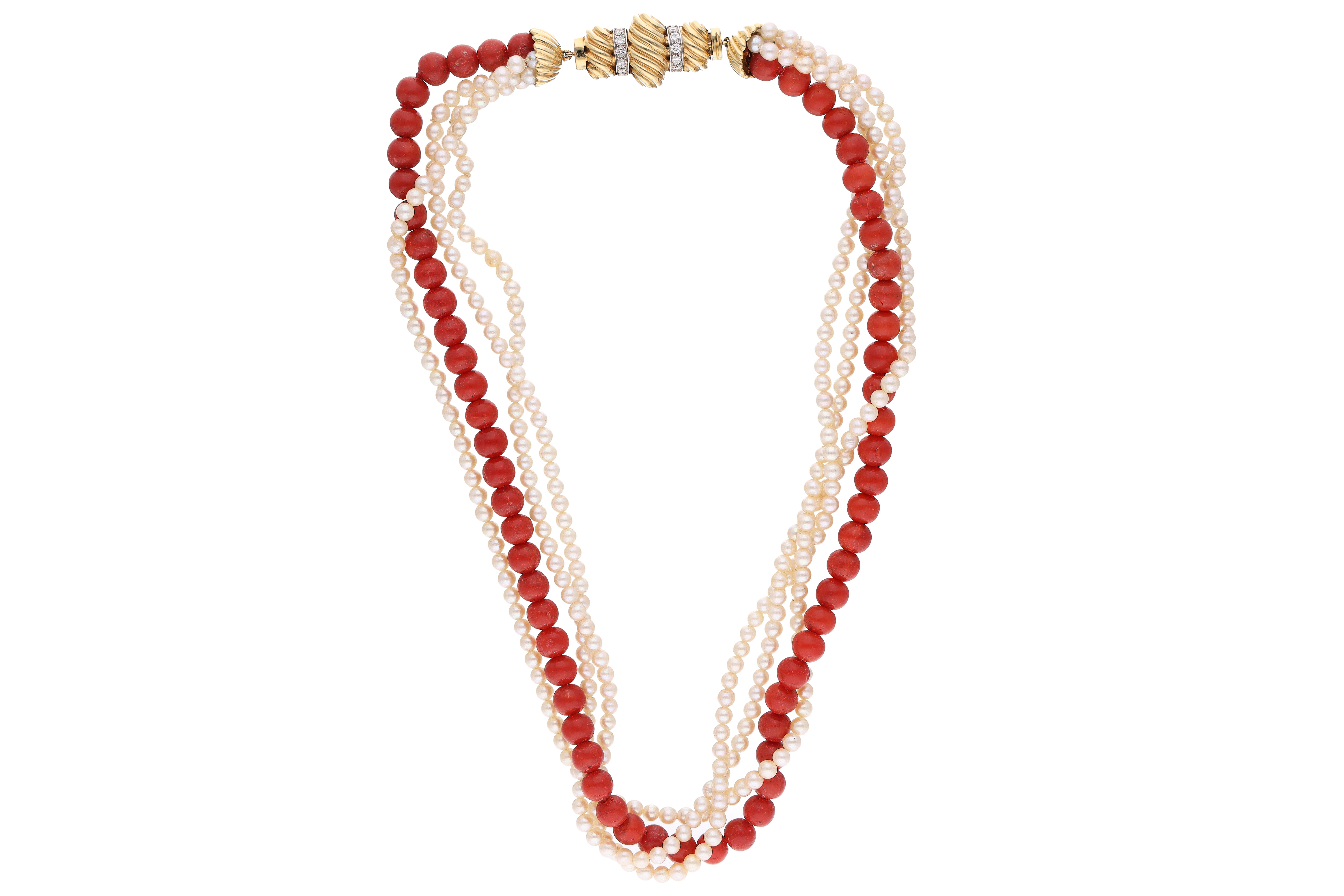 Damiani, collana di coralli, perle coltivate e diamanti - Asta Preziosi