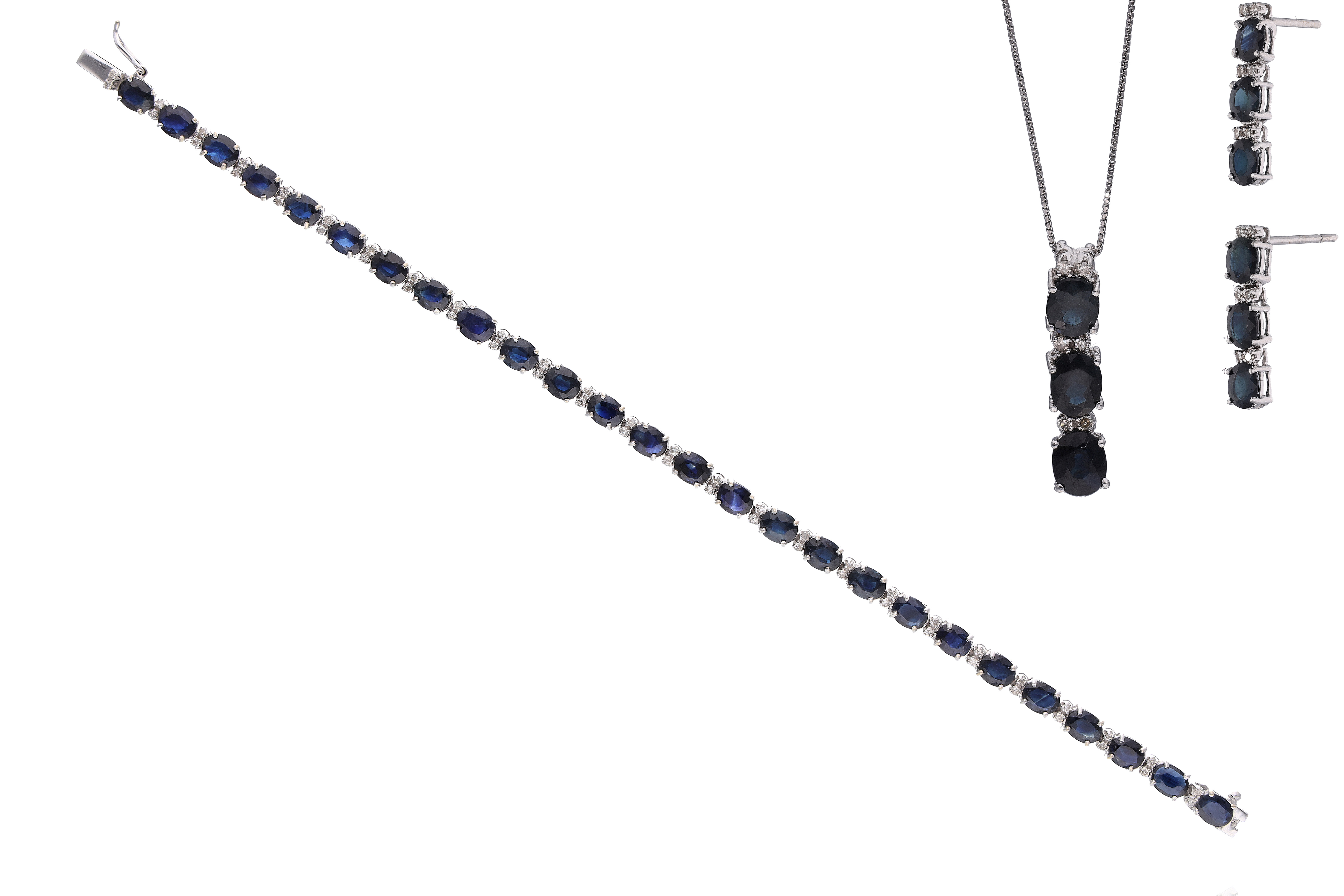 Parure bracciale, paio di orecchini, collana con ciondolo, diamanti zaffiri e pietre - Asta Preziosi