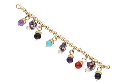 Bracciale con smeraldi, rubini, cordieriti, ametiste, quarzi, calcedoni, perle e pietre - Asta Preziosi