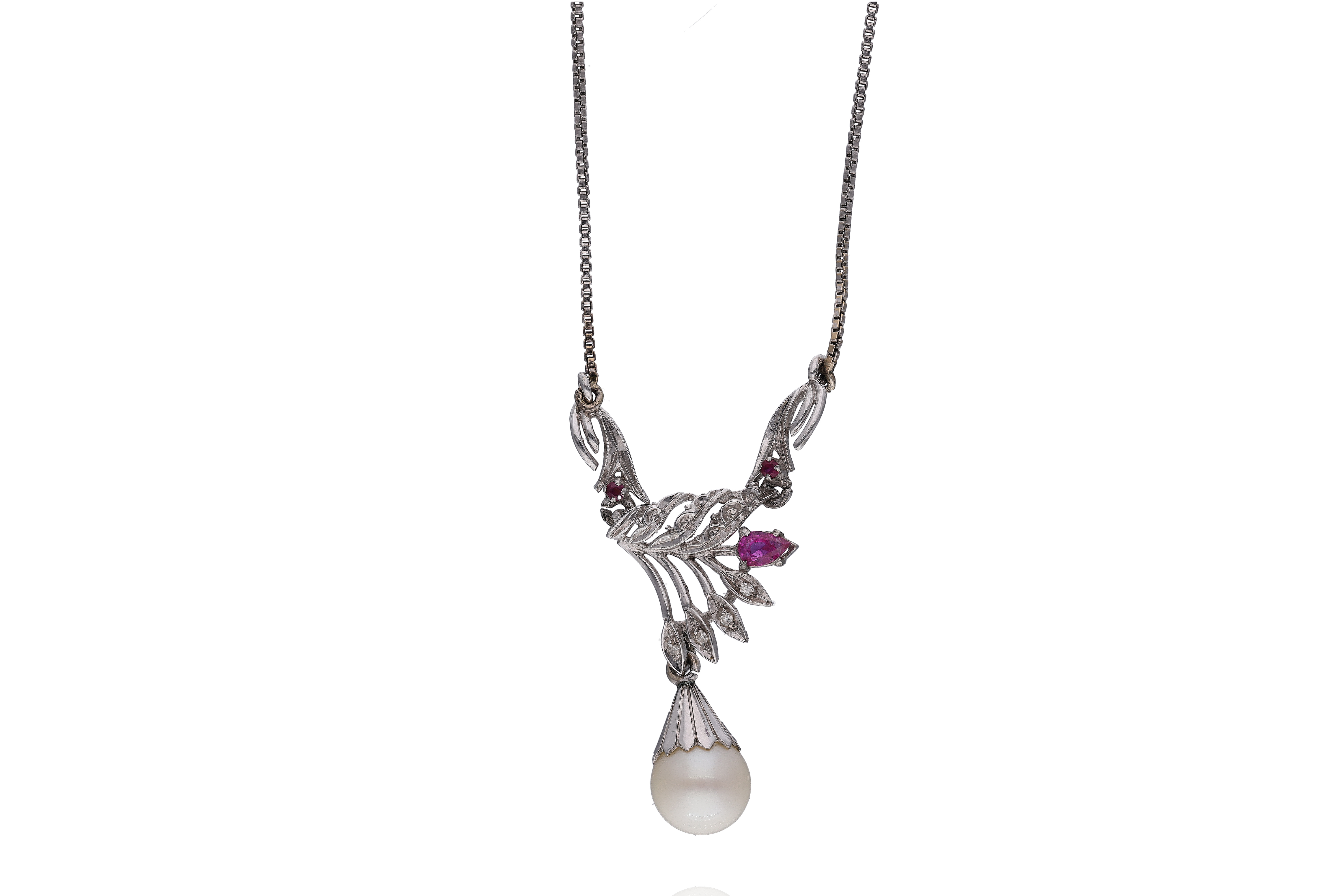 Collana con perla, diamanti e rubini - Asta Preziosi