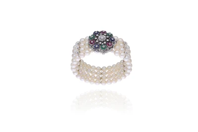 Bracciale di perle coltivate, diamanti, rubini, smeraldi, zaffiri e pietre - Asta Tesori d'Autunno Bracciale di perle coltivate, diamanti, rubini, smeraldi, zaffiri e pietre - Asta Tesori d'Autunno