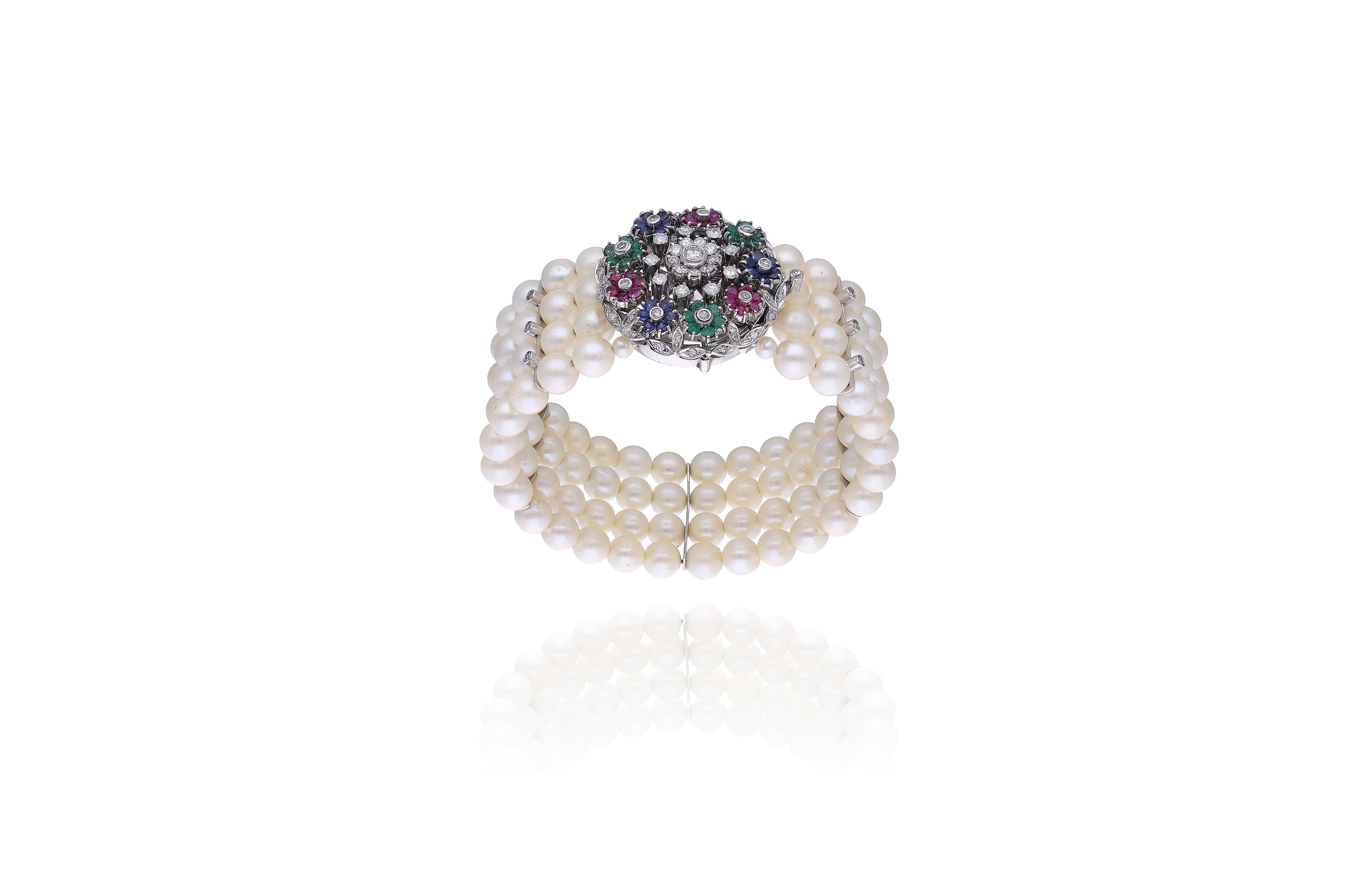 Bracciale di perle coltivate, diamanti, rubini, smeraldi, zaffiri e pietre - Asta Tesori d'Autunno