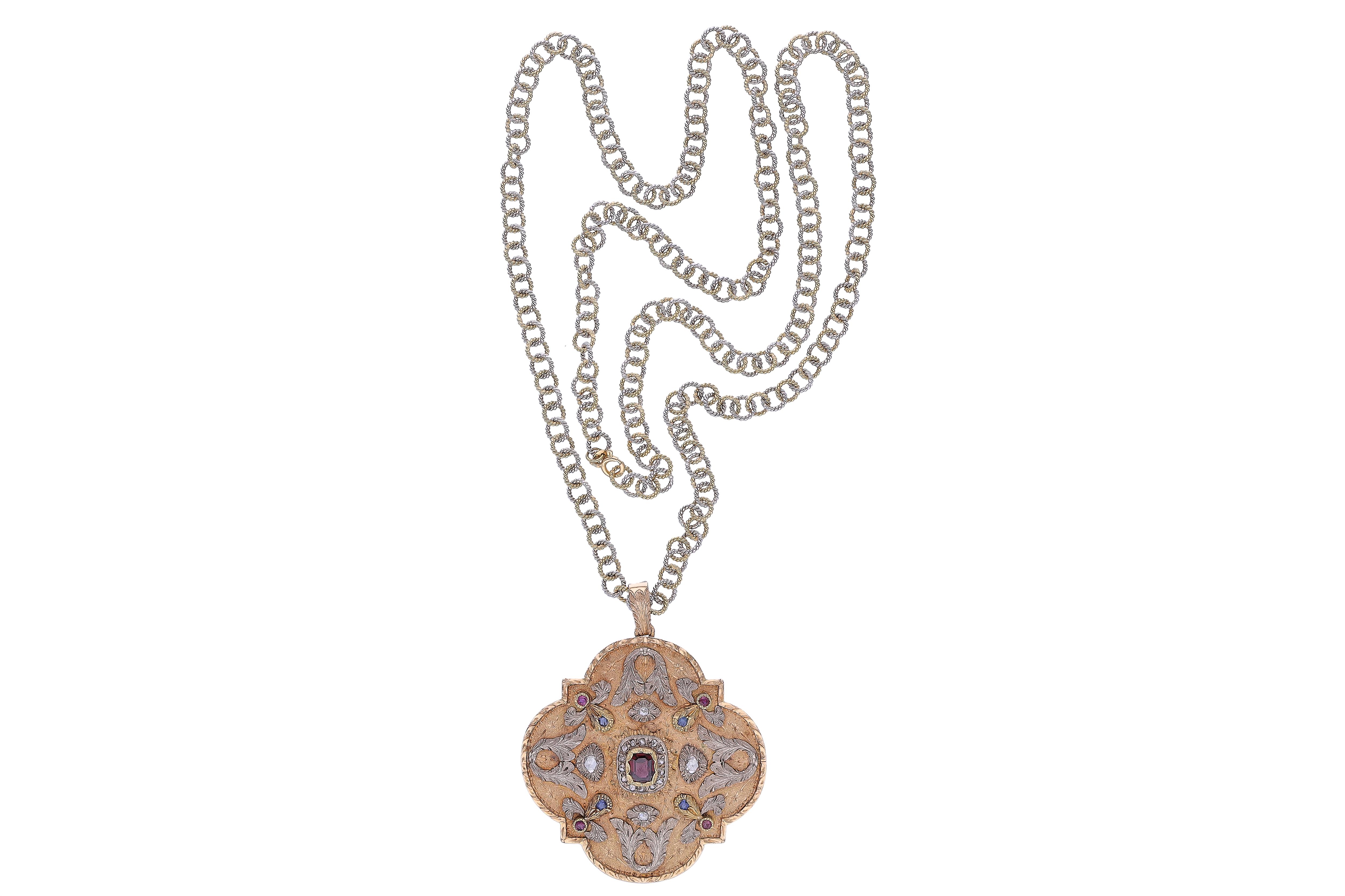 Collana con ciondolo con granato, rubini, zaffiri e diamanti - Asta Tesori d'Autunno