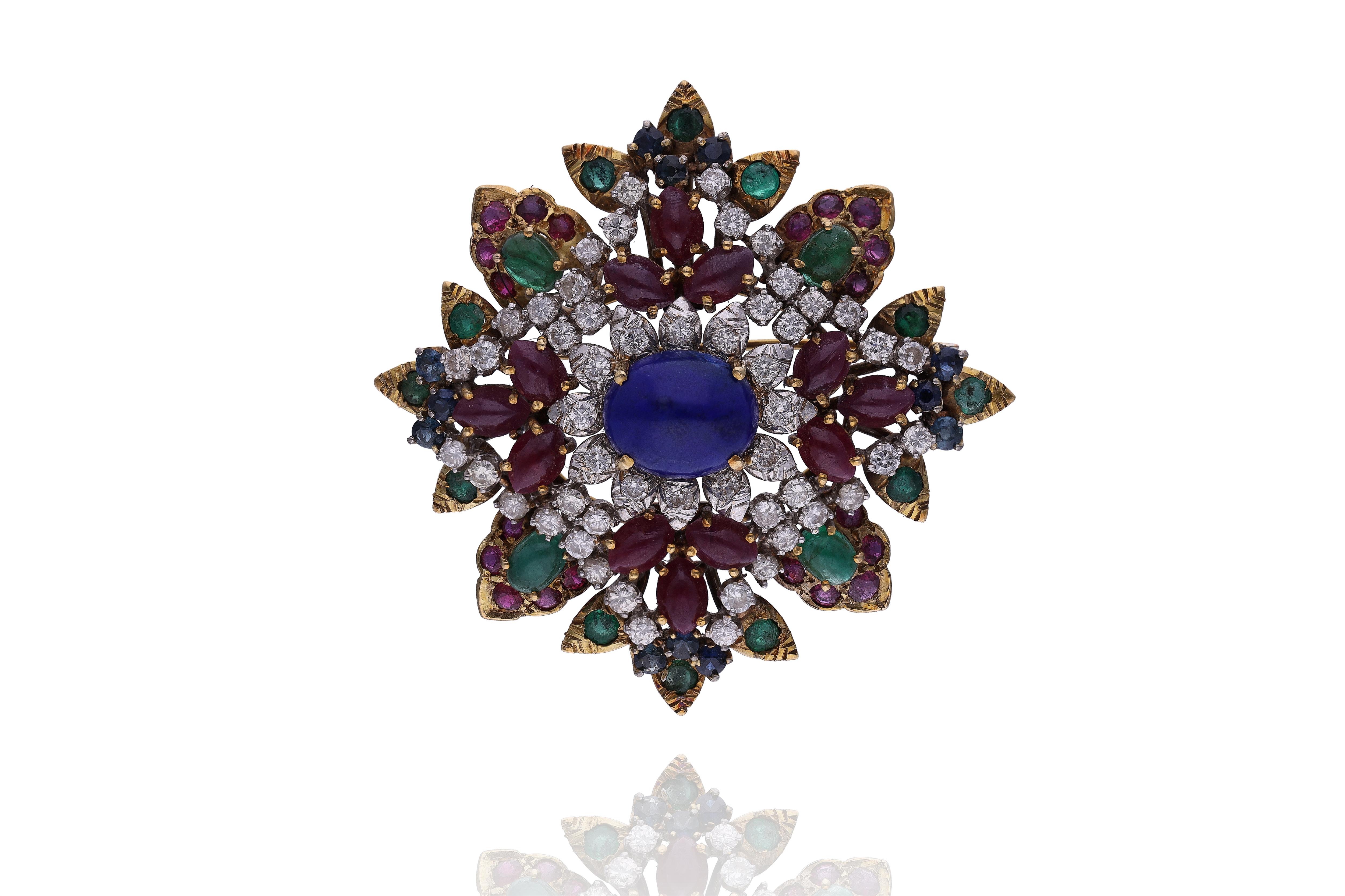 Jack Gutschneider, spilla con diamanti, rubini, smeraldi, zaffiri e pietra - Asta Speciale Gioielli