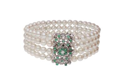 Bracciale rigido con perle coltivate, smeraldi e diamanti - Asta Preziosi