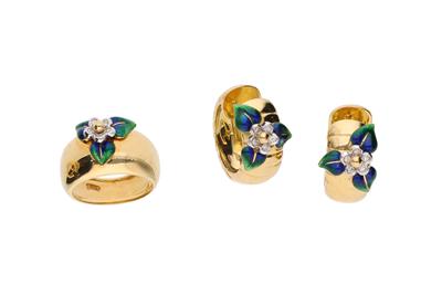 Anello e paio di orecchini con smalti e diamanti - Asta Preziosi Anello e paio di orecchini con smalti e diamanti - Asta Preziosi