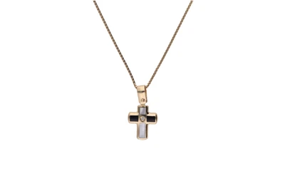 Collana con crocetta , diamante, madreperla e pietre nere - Asta Preziosi