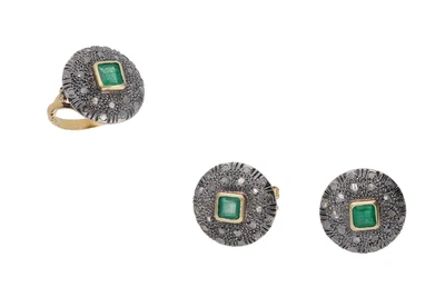 Parure composta da anello e paio di orecchini con diamanti e smeraldi - Asta Preziosi Parure composta da anello e paio di orecchini con diamanti e smeraldi - Asta Preziosi