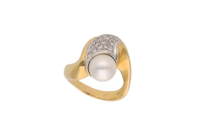 Anello con diamanti e perla coltivata - Asta preziosi