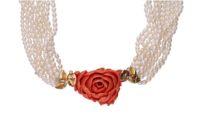 Collana di perline di fiume, diamanti e corallo - Asta Preziosi Collana di perline di fiume, diamanti e corallo - Asta Preziosi