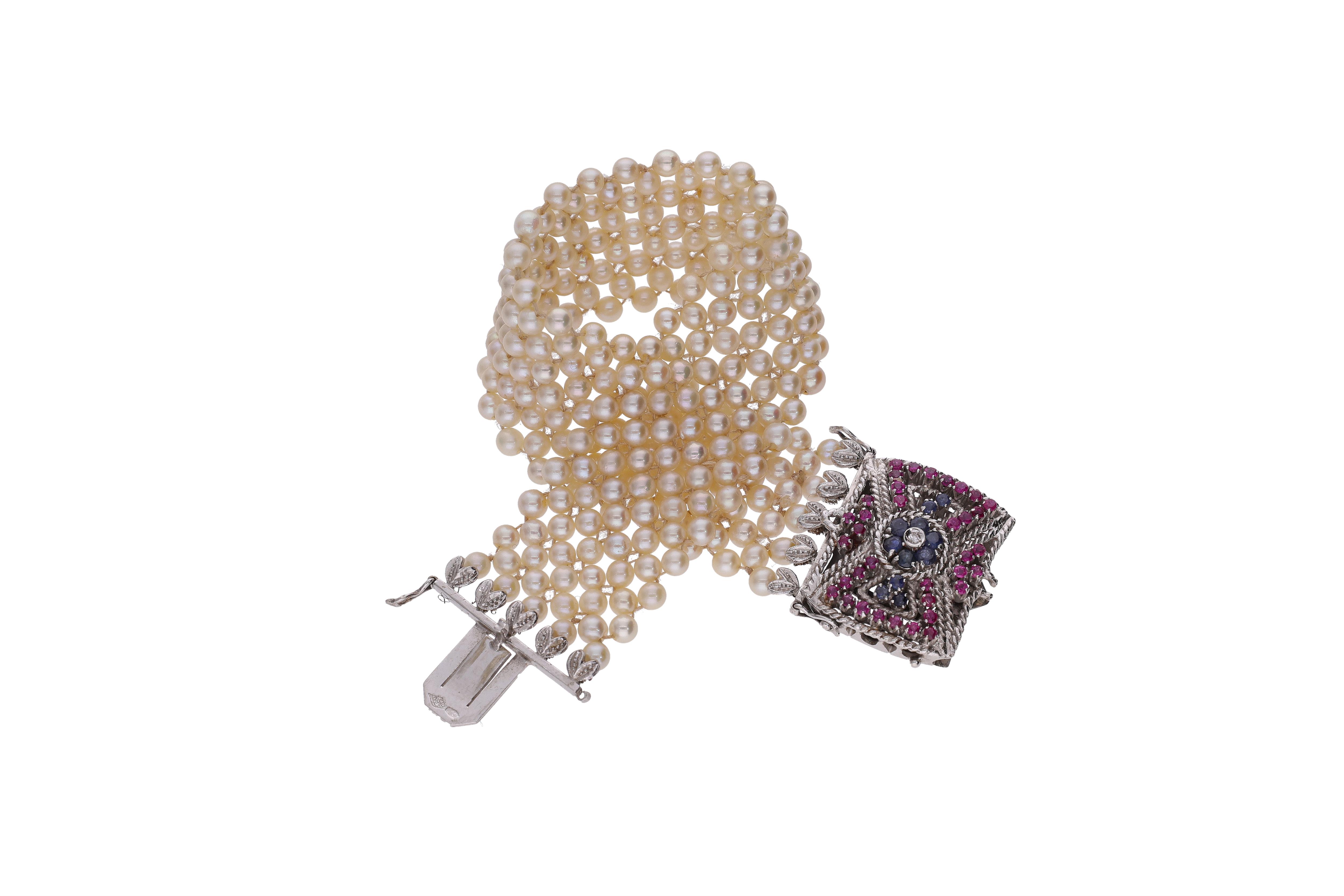 Bracciale di perle coltivate con diamante, rubini, zaffiri e pietre - Asta Preziosi