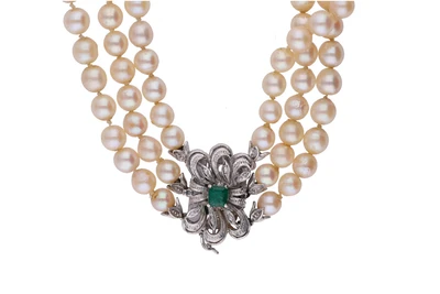 Collier di perle coltivate, smeraldo e diamanti - Asta Preziosi