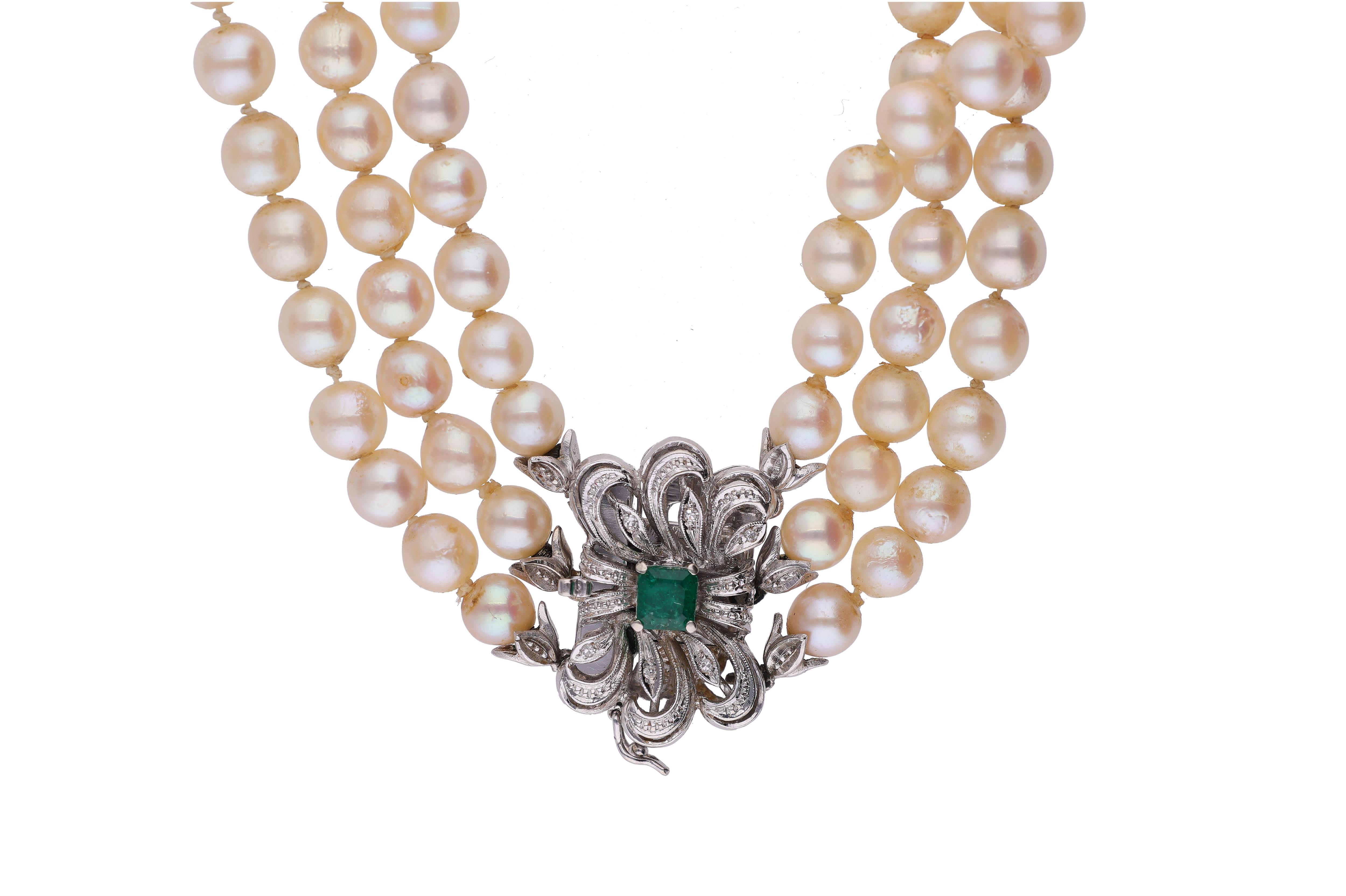 Collier di perle coltivate, smeraldo e diamanti - Asta Preziosi
