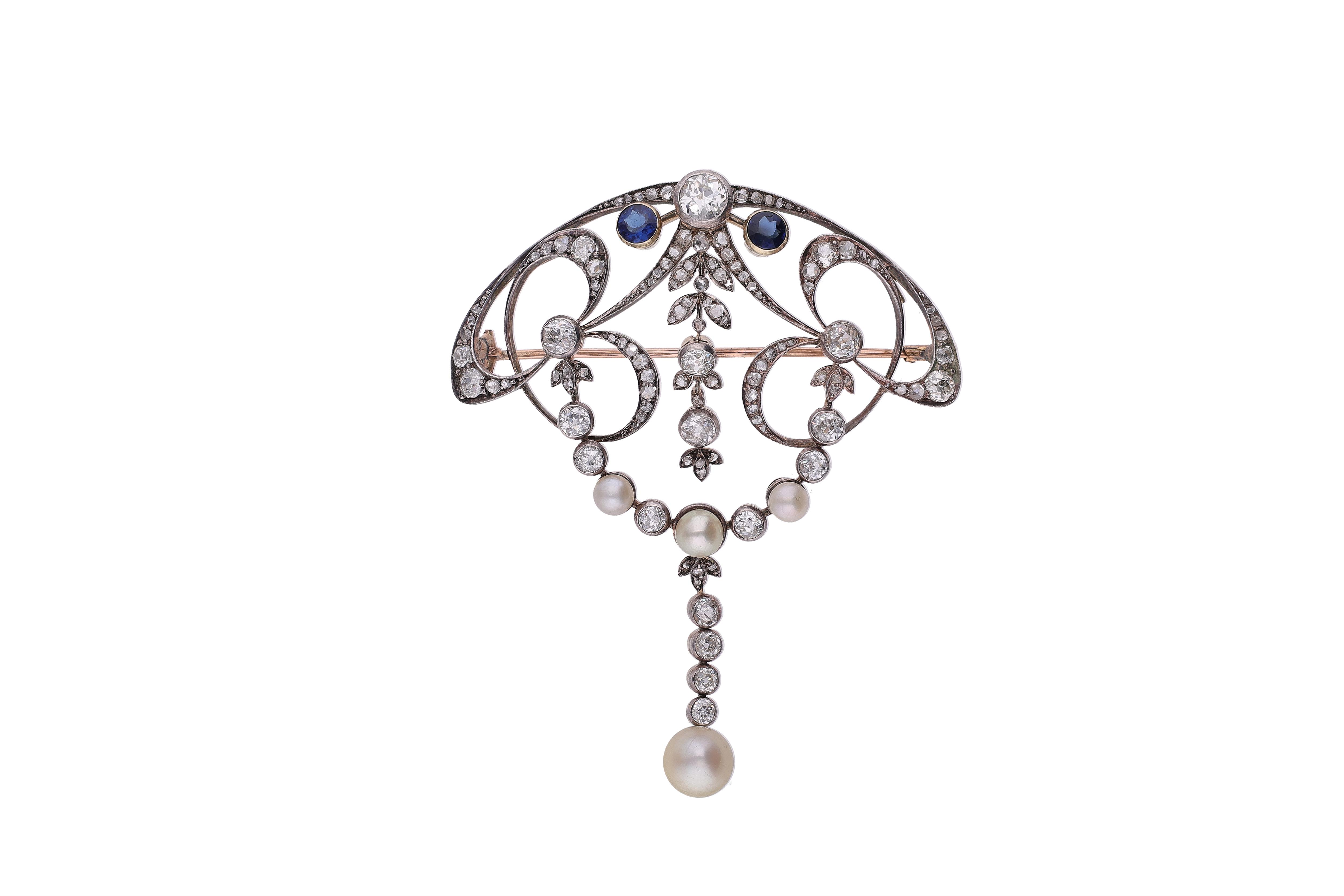 Spilla liberty con diamanti, perle coltivate e pietre blu - Asta Preziosi