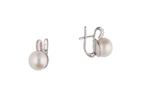 Paio di orecchini con perle coltivate e pietre incolore - Asta Preziosi Paio di orecchini con perle coltivate e pietre incolore - Asta Preziosi