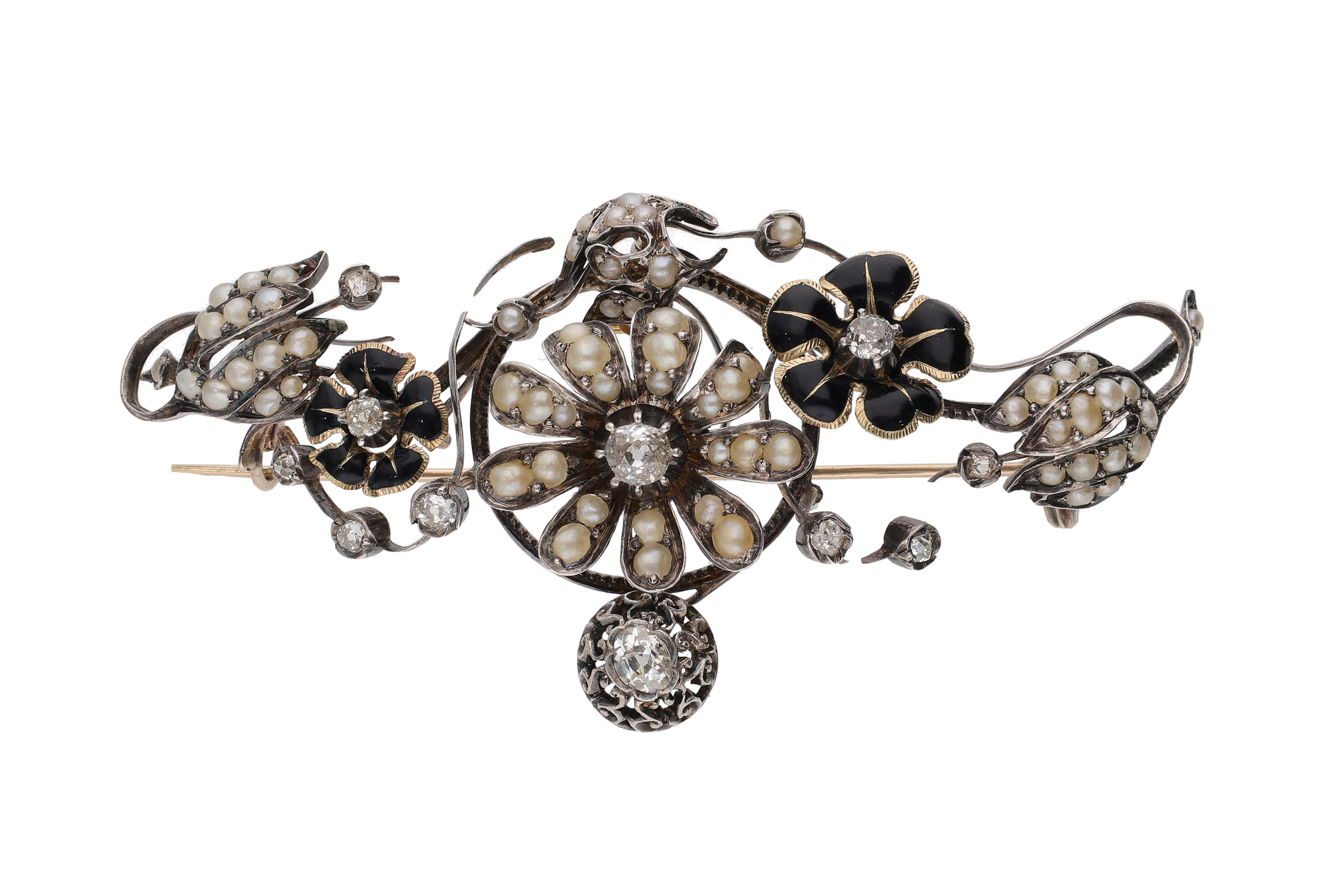 Spilla con diamanti, microperle e smalto - Asta Preziosi