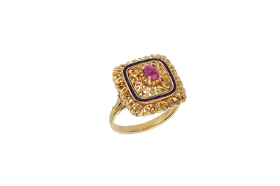 Anello con pietra cabochon e smalto blu - Asta Preziosi