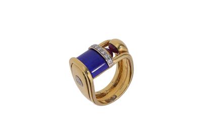 Anello con diamanti, lapislazzuli e rubini cabochon - Asta Preziosi
