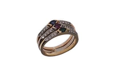 Anello con diamanti, smeraldo, rubino e zaffiro - Asta Preziosi