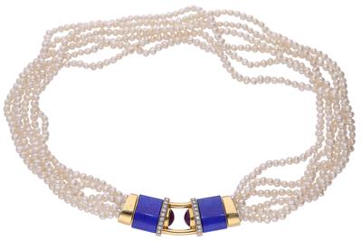 Collana di piccole perle di acqua dolce e chiusura con diamanti, lapislazzuli e rubini - Asta Preziosi