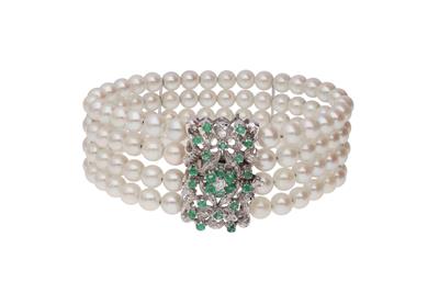 Bracciale rigido con perle coltivate smeraldi e diamanti - 