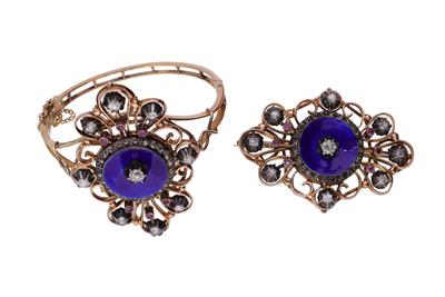 Bracciale e spilla con diamanti, smalto e piccoli rubini - Gioielli Vintage