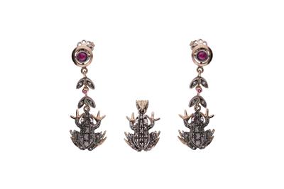 Ciondolo e paio di orecchini pendenti a forma di rana - Gioielli Vintage