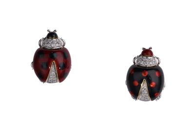 Coppia di orecchini a forma di coccinella con diamanti - Gioielli Vintage