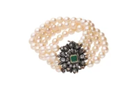 Bracciale con perle coltivate, diamanti e smeraldo - Vintage mania Bracciale con perle coltivate, diamanti e smeraldo - Vintage mania
