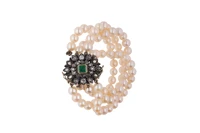Bracciale con perle coltivate, diamanti e smeraldo - Vintage mania Bracciale con perle coltivate, diamanti e smeraldo - Vintage mania